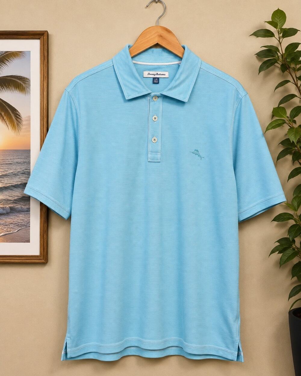Tommy Bahama Men’s Large Blue Striped Performance Polo Shirt Marlin Golf